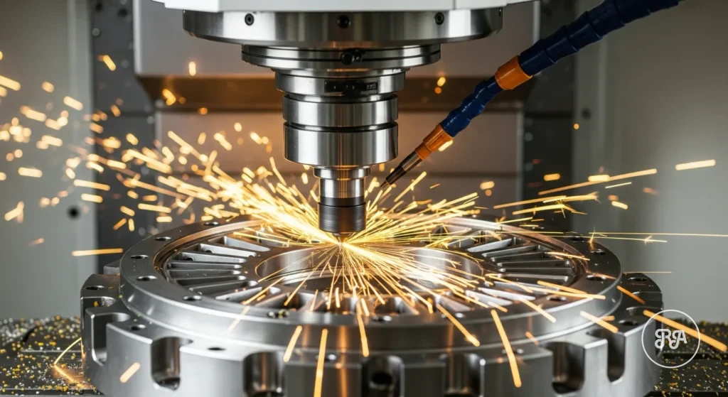 Primer plano de un proceso de mecanizado CNC de precisión, donde la herramienta de corte talla una pieza metálica generando chispas y virutas.