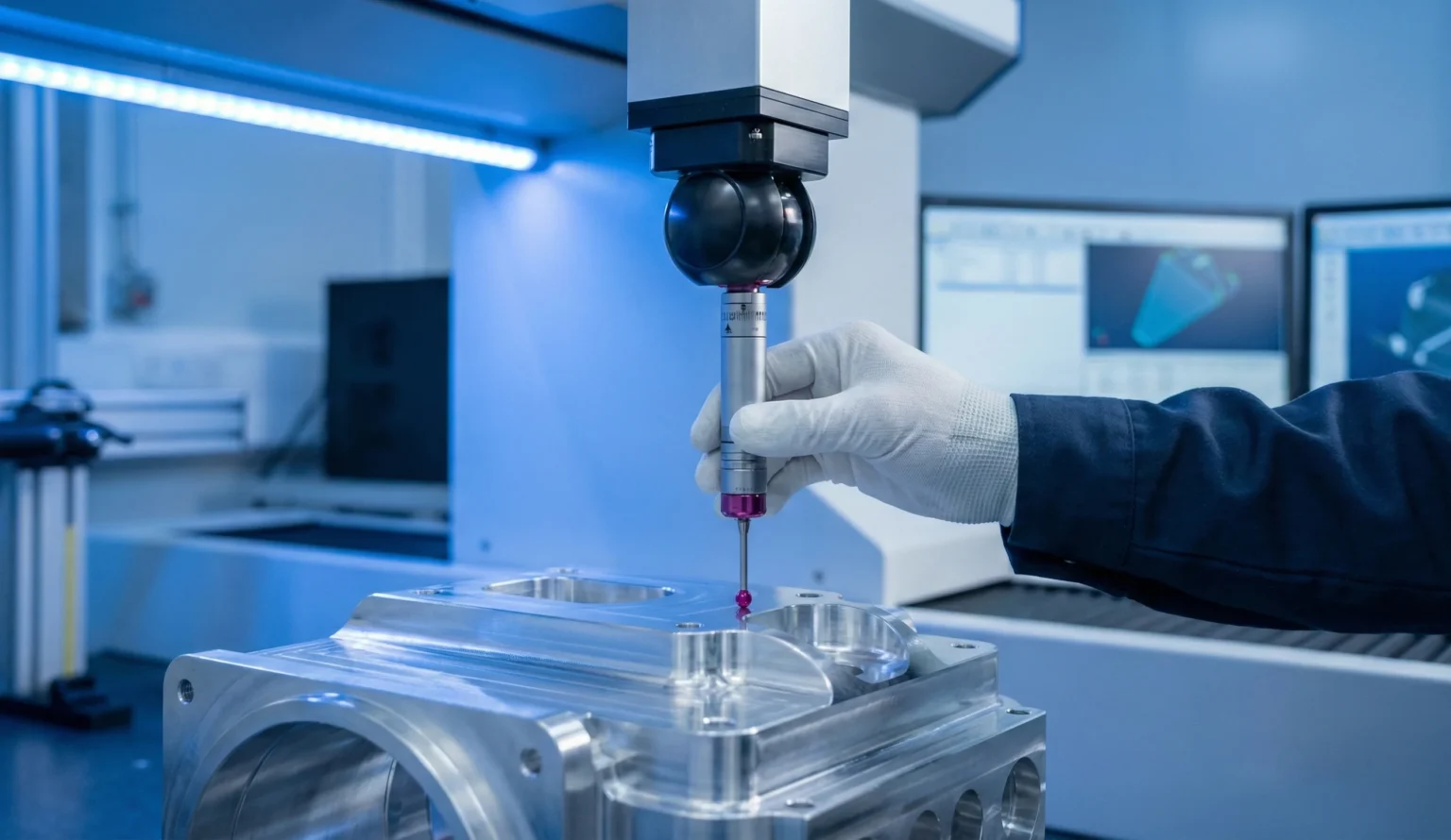 Ingeniero de control de calidad verificando la precisión de una pieza metálica compleja con una máquina de medición tridimensional (CMM) en laboratorio de metrología