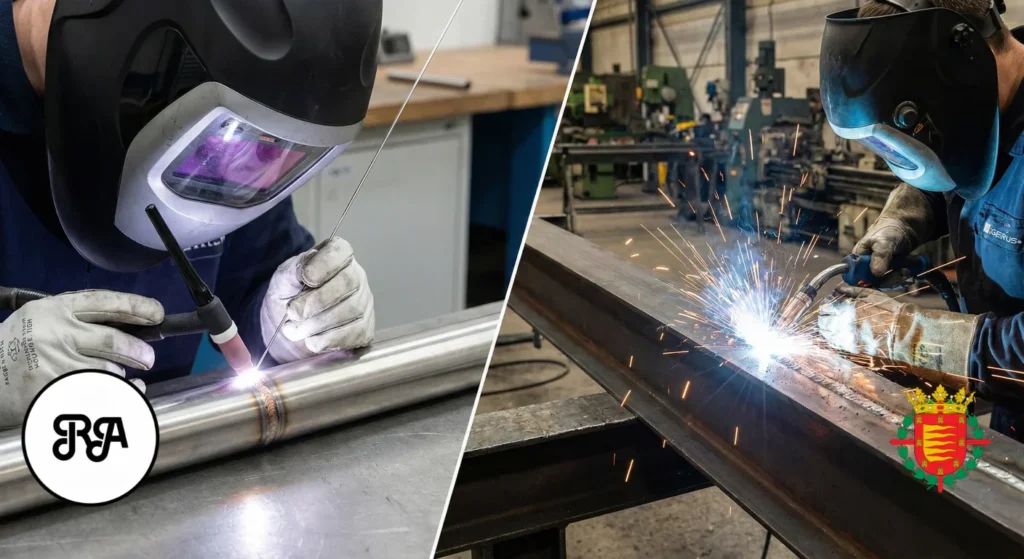 Soldadores realizando los dos tipos de soldadura industrial