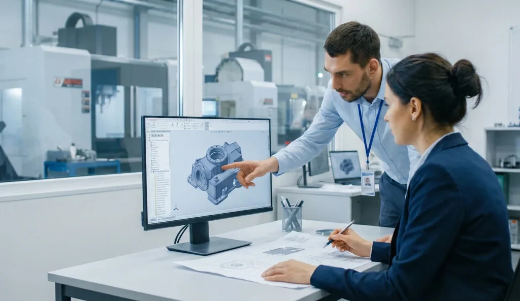 Equipo de ingenieros en oficina técnica revisando un modelo CAD 3D de una pieza compleja antes de su fabricación en el taller de mecanizado