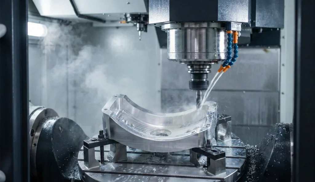 Detalle de fresadora CNC de 5 ejes mecanizando pieza compleja de aluminio