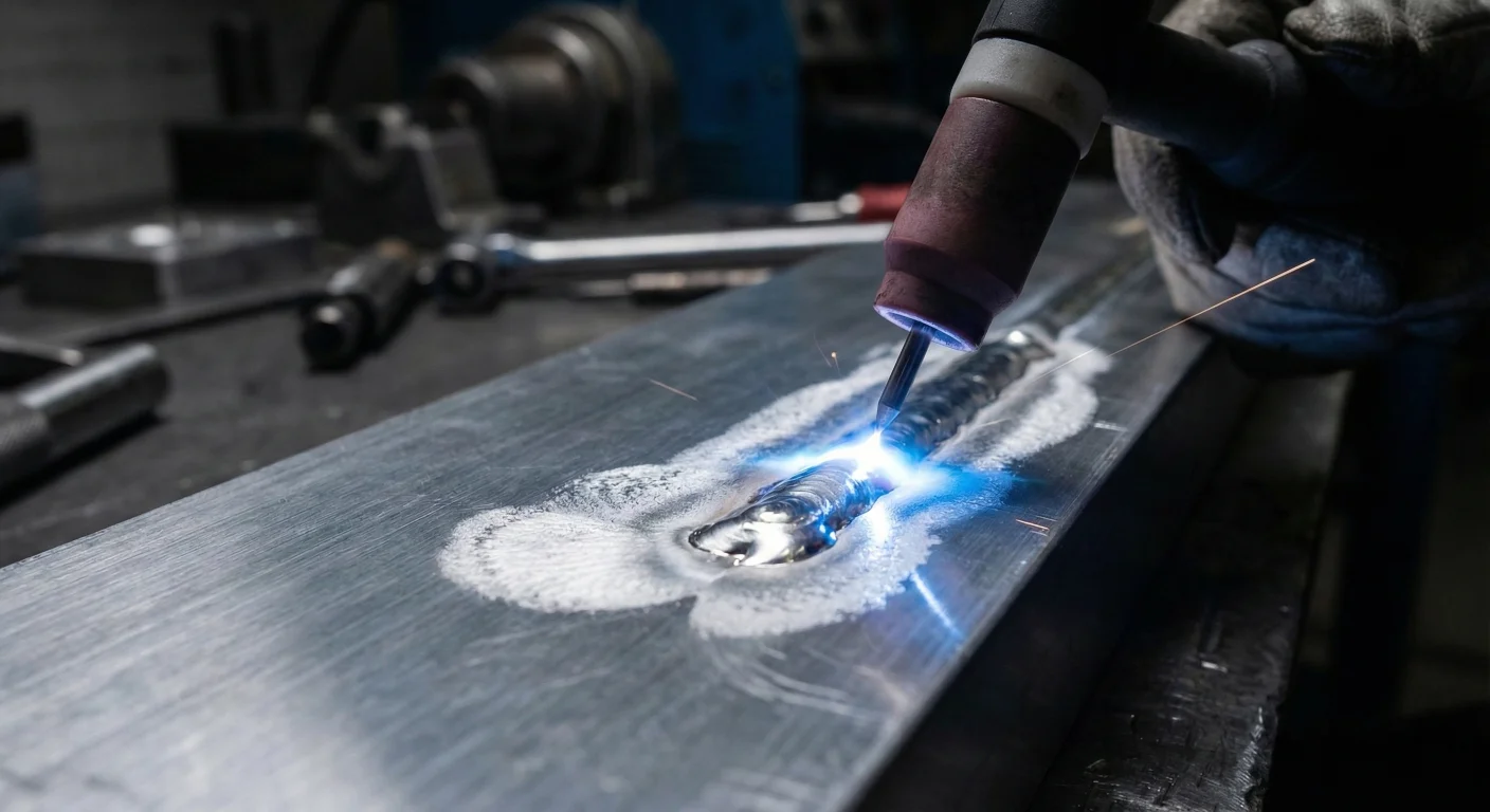 Detalle macro de soldadura TIG en aluminio mostrando el baño de fusión limpio y el efecto de limpieza de la corriente alterna