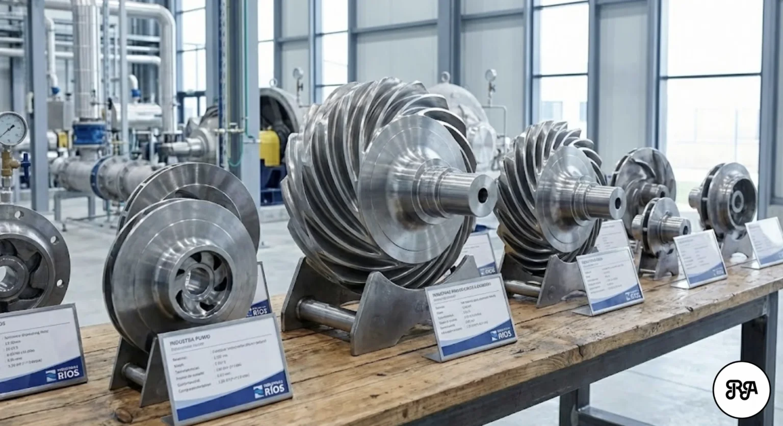 Varios rotores metálicos de gran tamaño alineados sobre una mesa en una nave industrial, cada uno con su placa descriptiva, mostrando distintas fases o modelos de fabricación.