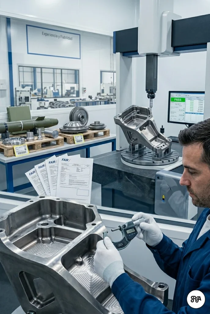Técnico de calidad midiendo una pieza mecanizada con un micrómetro digital junto a una máquina de medición por coordenadas (CMM) y documentación FAIR.