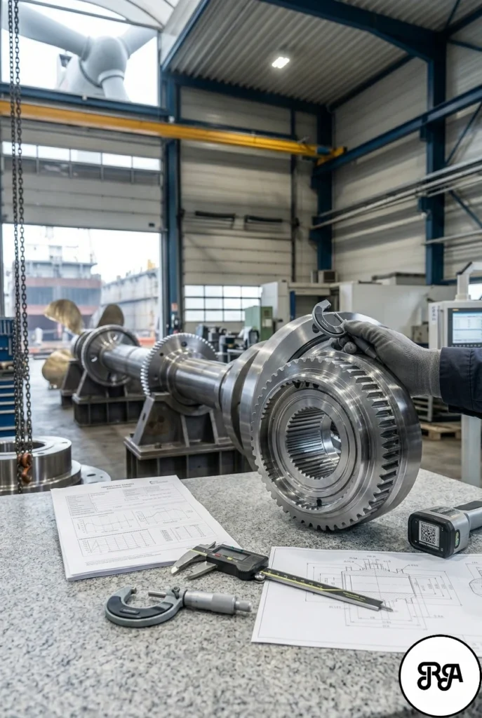 Primer plano de la misma mano enguantada sosteniendo el engranaje de precisión. El fondo muestra una vista vertical y alargada del taller, revelando la hélice del aerogenerador en el fondo, creando un vínculo con la energía eólica.