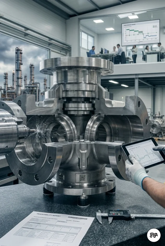 Mecanizado de válvulas | Industrias Ríos Toma vertical de primer plano centrada en un gran componente de válvula petroquímica mecanizado con precisión sobre una mesa de metrología. Una mano con guante sostiene una tableta que muestra un gráfico técnico. Un informe de trazabilidad y herramientas de inspección están sobre la mesa. Un robot mecaniza una brida. Al fondo, ingenieros trabajan en una oficina de entrepiso.