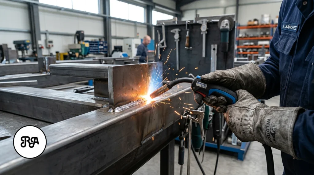 ¿Qué es soldadura industrial? 1 Taller industrial de Industrias Rios con célula de soldadura MIG/MAG y pieza metálica en proceso de fabricación
