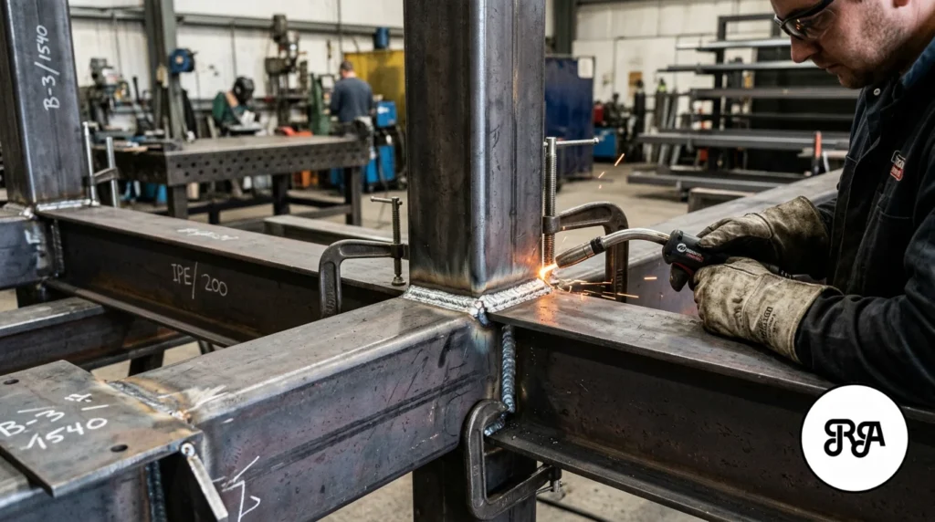 Soldadura para estructuras metálicas 1 Detalle de estructura de acero soldada en taller industrial de Industrias Rios con perfiles metálicos y cordón limpio