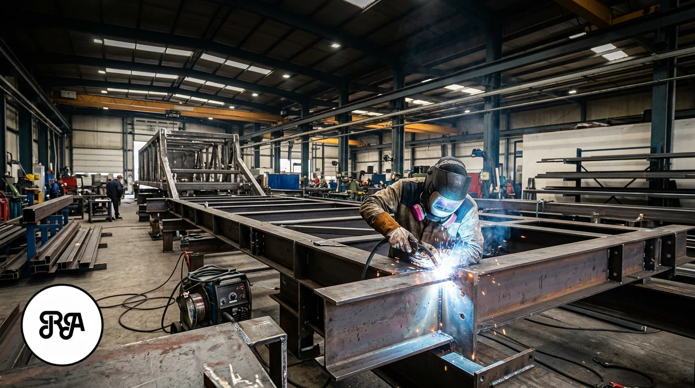 Soldadura de estructura metálica en taller industrial de Industrias Rios con bastidor de acero y operario trabajando
