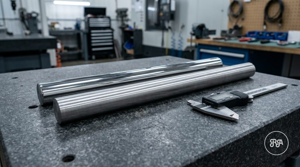 Acero inoxidable 304 vs 316 | Industrias Ríos Dos barras de acero inoxidable, una pulida y otra satinada, junto a un pie de rey en el taller de Industrias Ríos