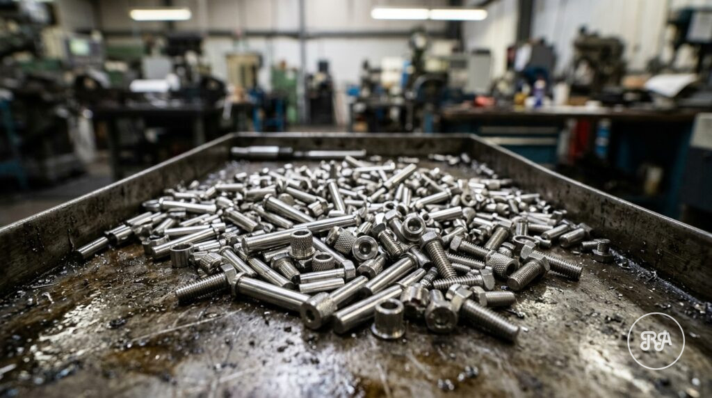 Piezas torneadas pequeñas de acero inoxidable AISI 304 sobre una bandeja en el taller de Industrias Ríos