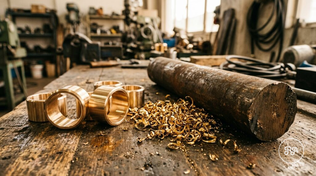 Casquillos de bronce torneados junto a una barra en bruto y virutas doradas en Industrias Ríos