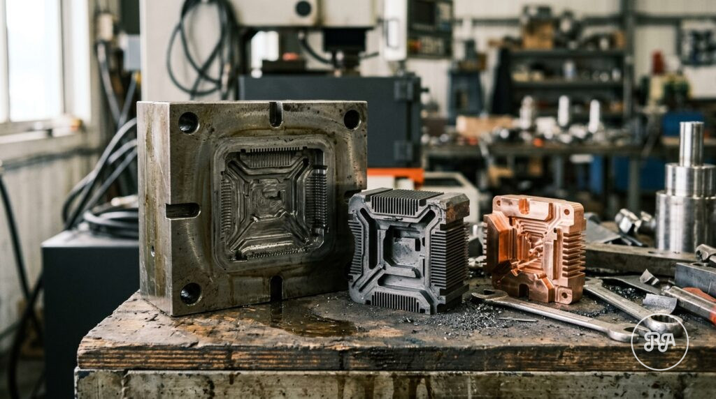 Electroerosión por penetración | Industrias Ríos Electrodos de grafito y cobre junto a un molde de acero mecanizado por electroerosión por penetración - Industrias Ríos