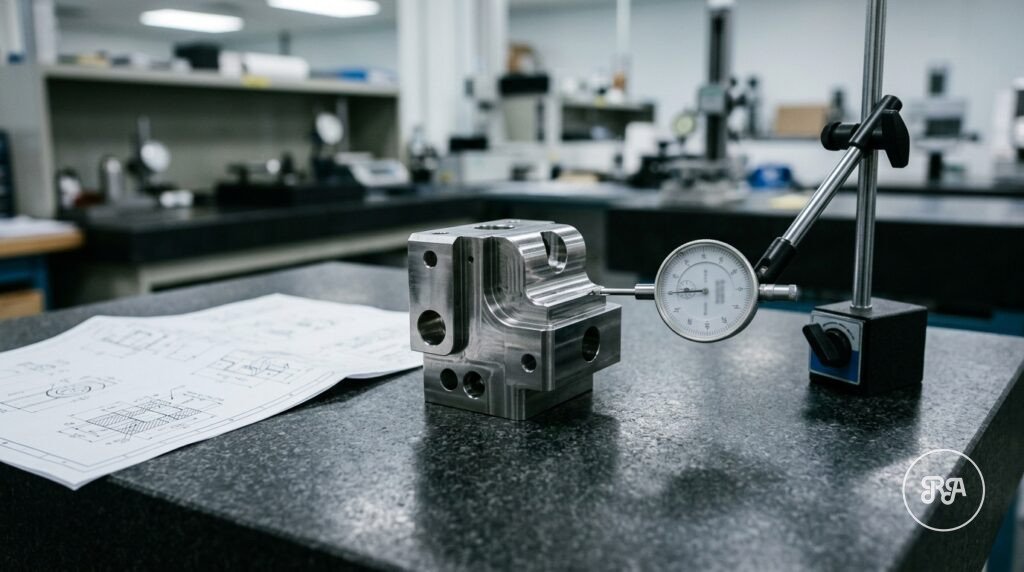 Pieza mecanizada sobre mesa de granito con reloj comparador y plano técnico en Industrias Ríos