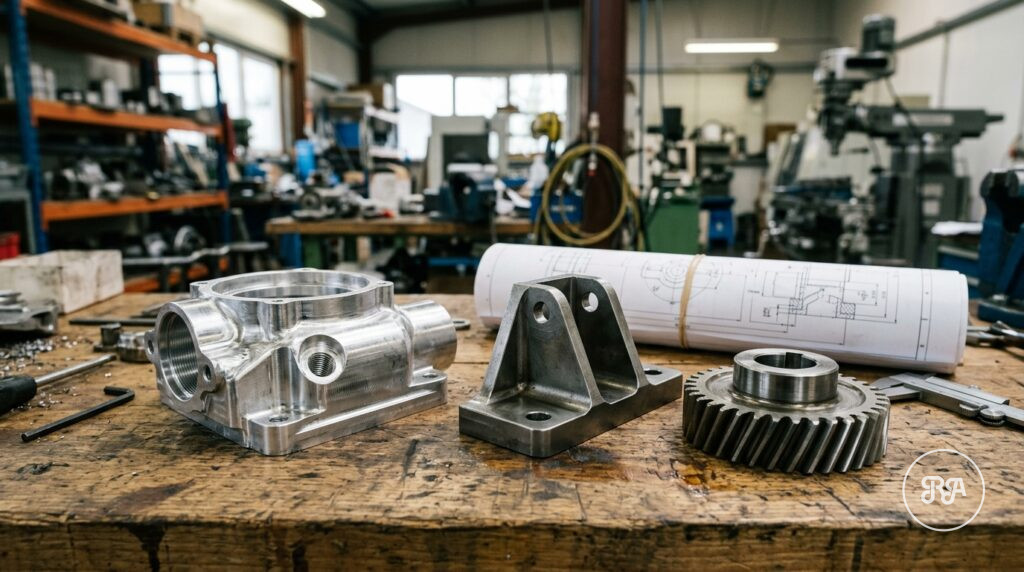 Fabricación de prototipos | Industrias Ríos Prototipos metálicos mecanizados (carcasa, soporte y engranaje) junto a un plano en Industrias Ríos