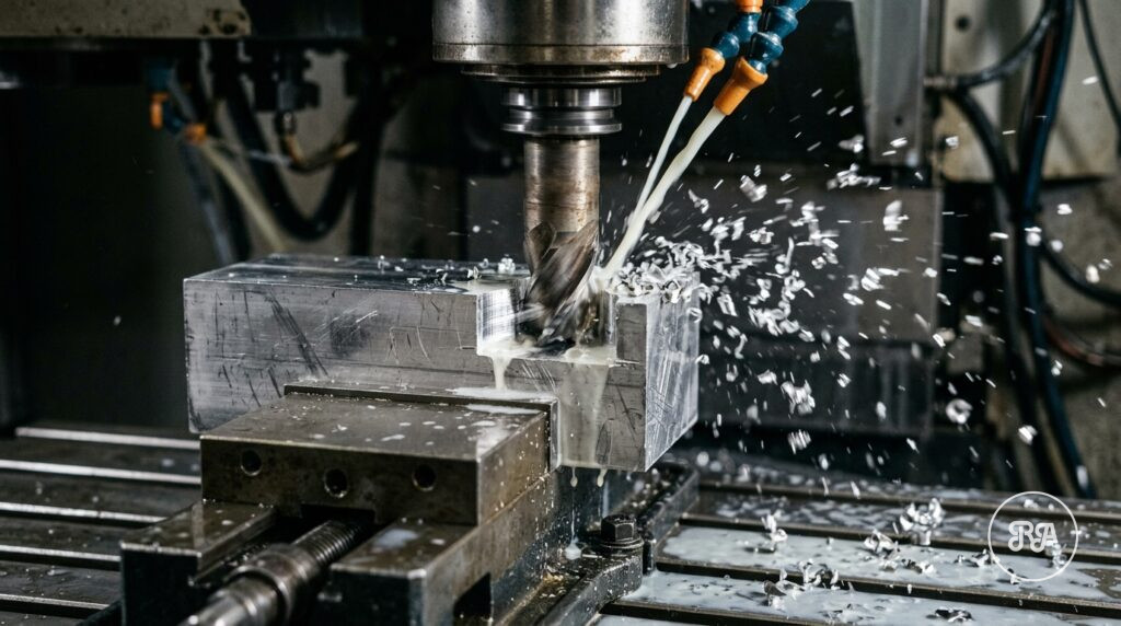 Fresa de metal duro cortando un bloque de aluminio con taladrina en un centro CNC de Industrias Ríos