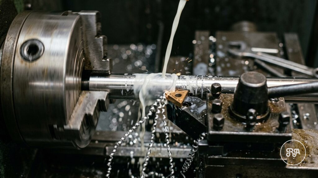 Torneado de un eje de acero inoxidable con plaquita de metal duro y refrigerante en Industrias Ríos