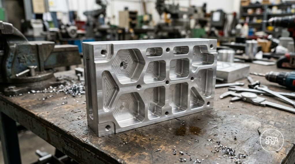 Bloque de aluminio 7075 con cajeras y nervios fresados en el taller de Industrias Ríos