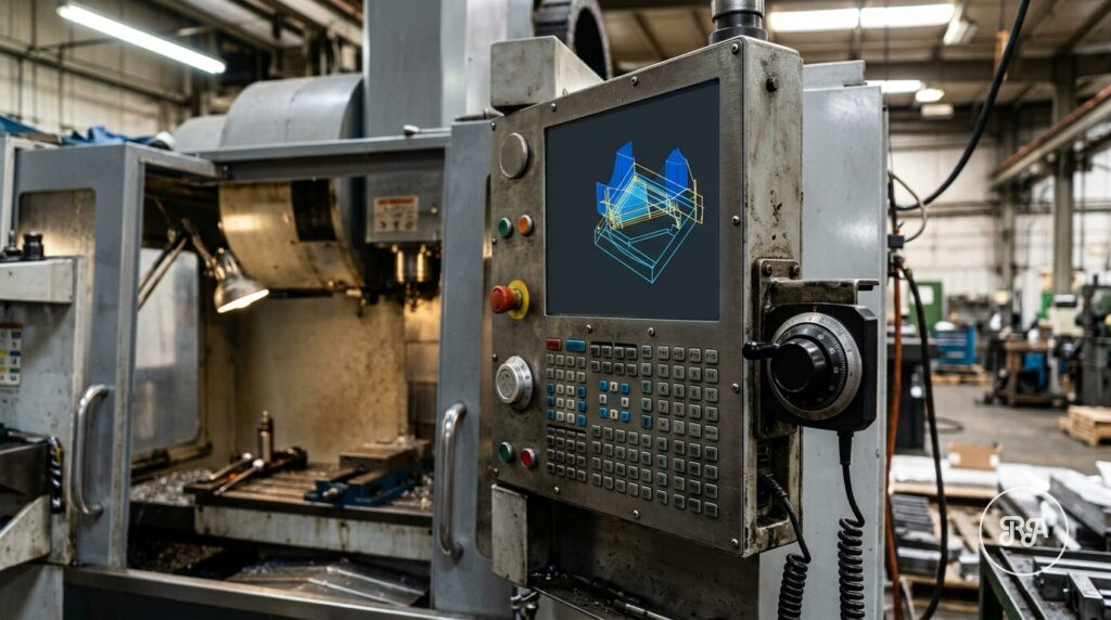 Qué es el control numérico | Industrias Ríos Panel de control numérico de un centro de mecanizado CNC en el taller de Industrias Ríos