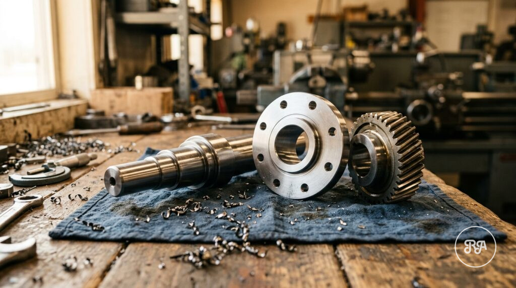 Qué es el mecanizado | Industrias Ríos Eje escalonado, brida y engranaje recién mecanizados sobre un banco de taller de Industrias Ríos