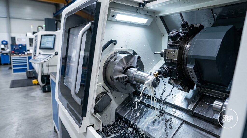 Torno CNC mecanizando un eje de acero con refrigerante - Industrias Ríos