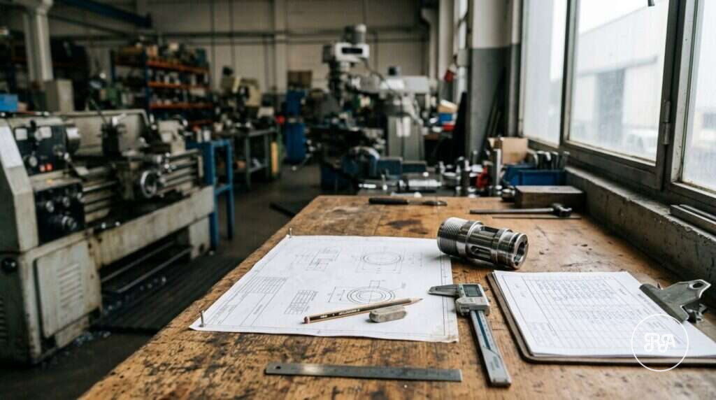 Plano técnico y hoja de procesos sobre la mesa de oficina técnica, Industrias Ríos
