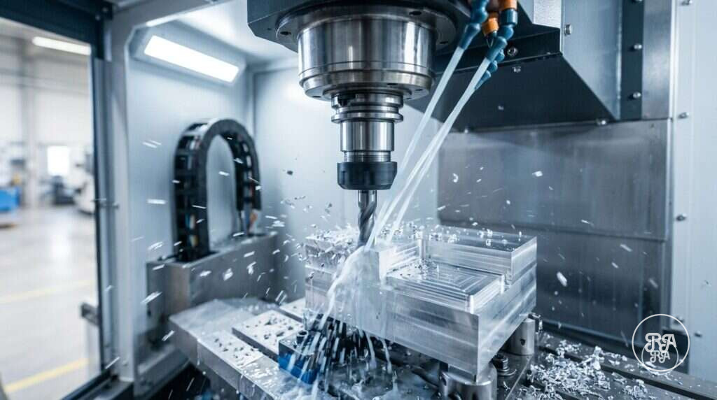 Centro de mecanizado CNC de Industrias Ríos fresando una pieza de aluminio con refrigerante