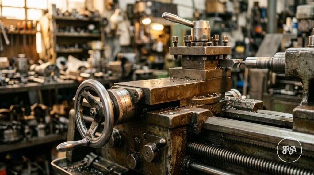 Partes del torno: carro, volante y husillo de roscar en el taller de Industrias Ríos