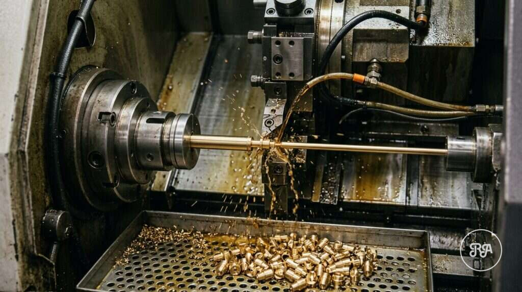 Torno automático de cabezal móvil mecanizando piezas pequeñas de latón, Industrias Ríos