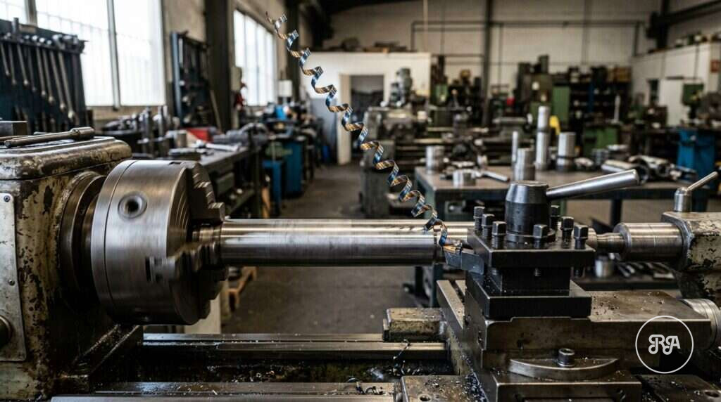 Torno paralelo torneando un eje con viruta en espiral, Industrias Ríos
