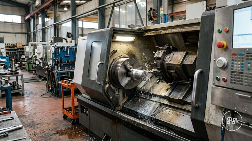 Torno CNC mecanizando una pieza de acero en el taller, Industrias Ríos