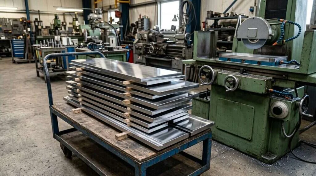 Rectificado industrial | Industrias Ríos Placas de acero rectificadas junto a una rectificadora plana, Industrias Ríos