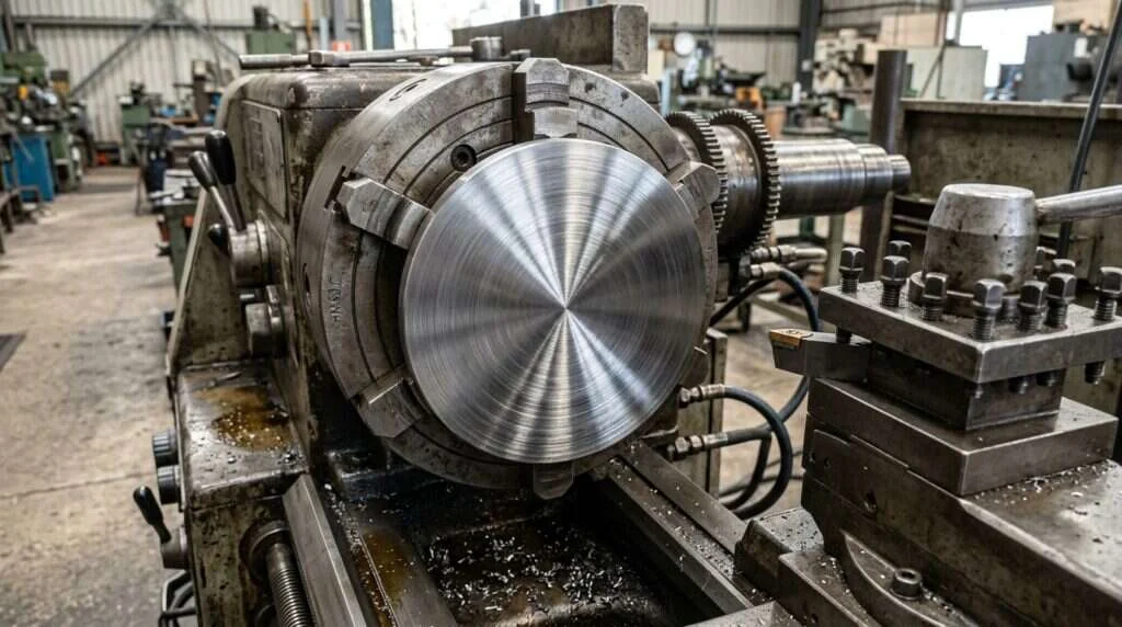 Refrentado en torno | Industrias Ríos Cara refrentada de un disco de acero en el plato del torno, Industrias Ríos