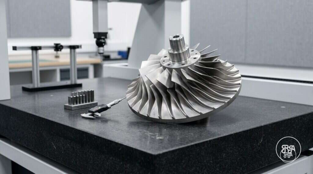 Rotor de acero inoxidable con álabes mecanizado sobre mesa de metrología en Industrias Ríos
