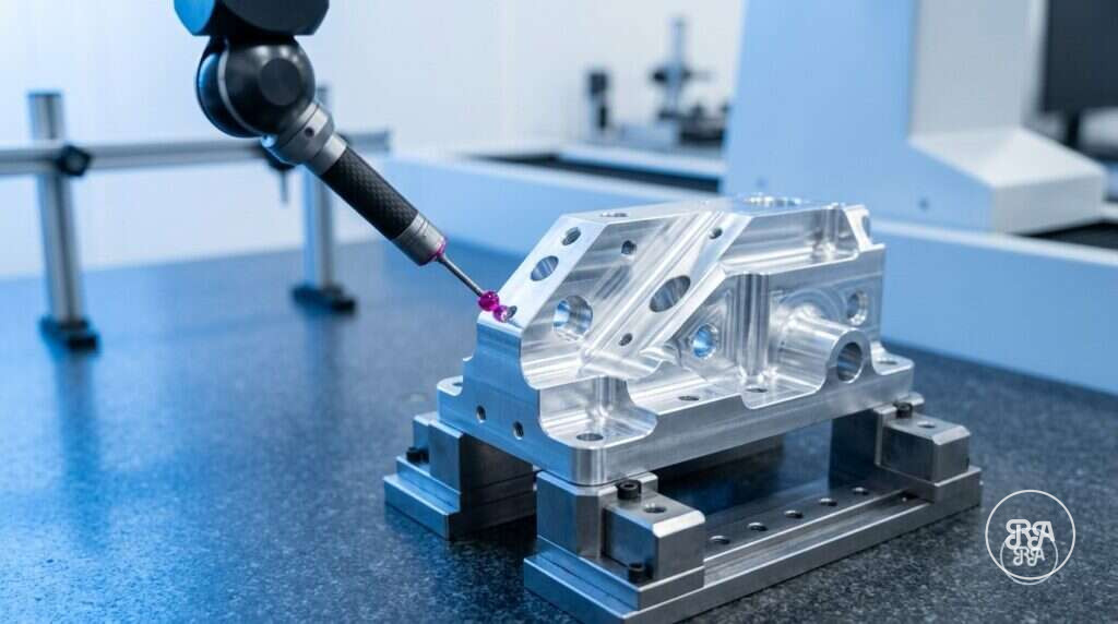 Palpador de medición verificando una pieza mecanizada en la sala de metrología de Industrias Ríos