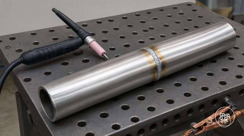Tubo de acero inoxidable con cordón TIG y antorcha sobre mesa de soldadura – Industrias Ríos