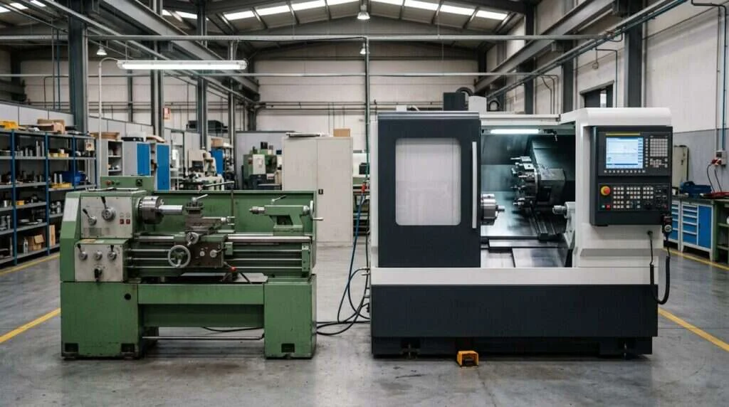Tipos de torno | Industrias Ríos Torno paralelo convencional y torno CNC en una nave de mecanizado, Industrias Ríos
