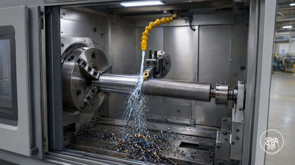 Torno CNC mecanizando un eje de acero con refrigerante – Industrias Ríos