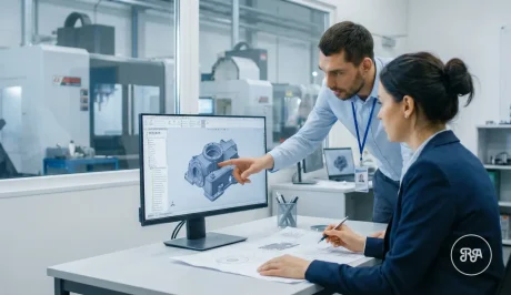 Equipo de ingenieros en oficina técnica revisando un modelo CAD 3D de una pieza compleja antes de su fabricación en el taller de mecanizado