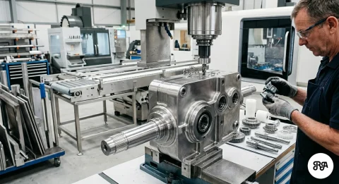 Un técnico inspecciona una pieza metálica mecanizada de precisión en un taller de ingeniería.