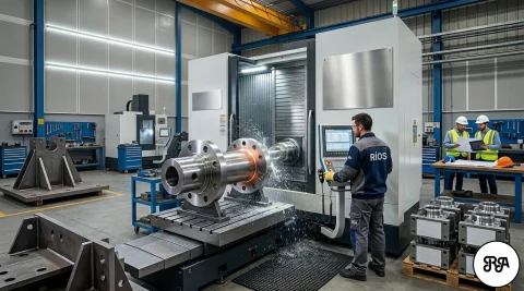 Un operario de Industrias Ríos maneja una gran máquina CNC que mecaniza una pieza metálica de gran tamaño, con dos ingenieros revisando planos al fondo.