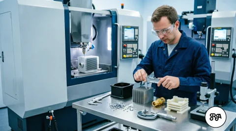 Operario de Industrias Ríos midiendo con calibre de precisión un disipador de calor mecanizado por CNC junto a carcasas de aluminio y conectores de latón en taller electrónico