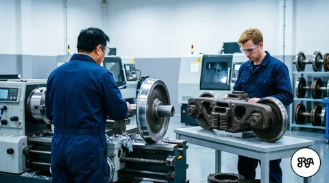Operarios mecanizando ejes de rueda ferroviarios y componentes de bogie en taller CNC de Industrias Ríos