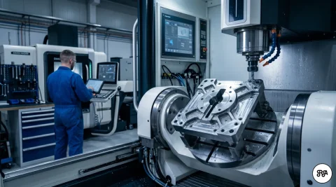 Imagen panorámica horizontal (16:9) en un taller industrial moderno para defensa: un centro de mecanizado CNC de 5 ejes en primer plano procesa una pieza de aluminio brillante. Al fondo desenfocado, ingenieros revisan planos en una tablet.