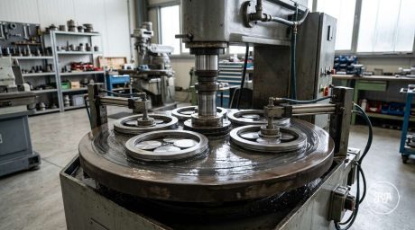 Lapeadora industrial con placa giratoria y piezas planas, Industrias Ríos