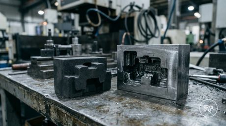 Electrodo y pieza de acero con cavidad erosionada, electroerosión - Industrias Ríos
