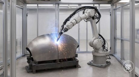 Robot de soldadura en célula cerrada soldando una pieza metálica – Industrias Ríos