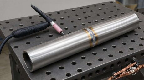 Tubo de acero inoxidable con cordón TIG y antorcha sobre mesa de soldadura – Industrias Ríos