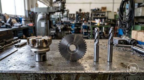 Distintos tipos de fresas para fresado CNC sobre banco de taller, Industrias Ríos